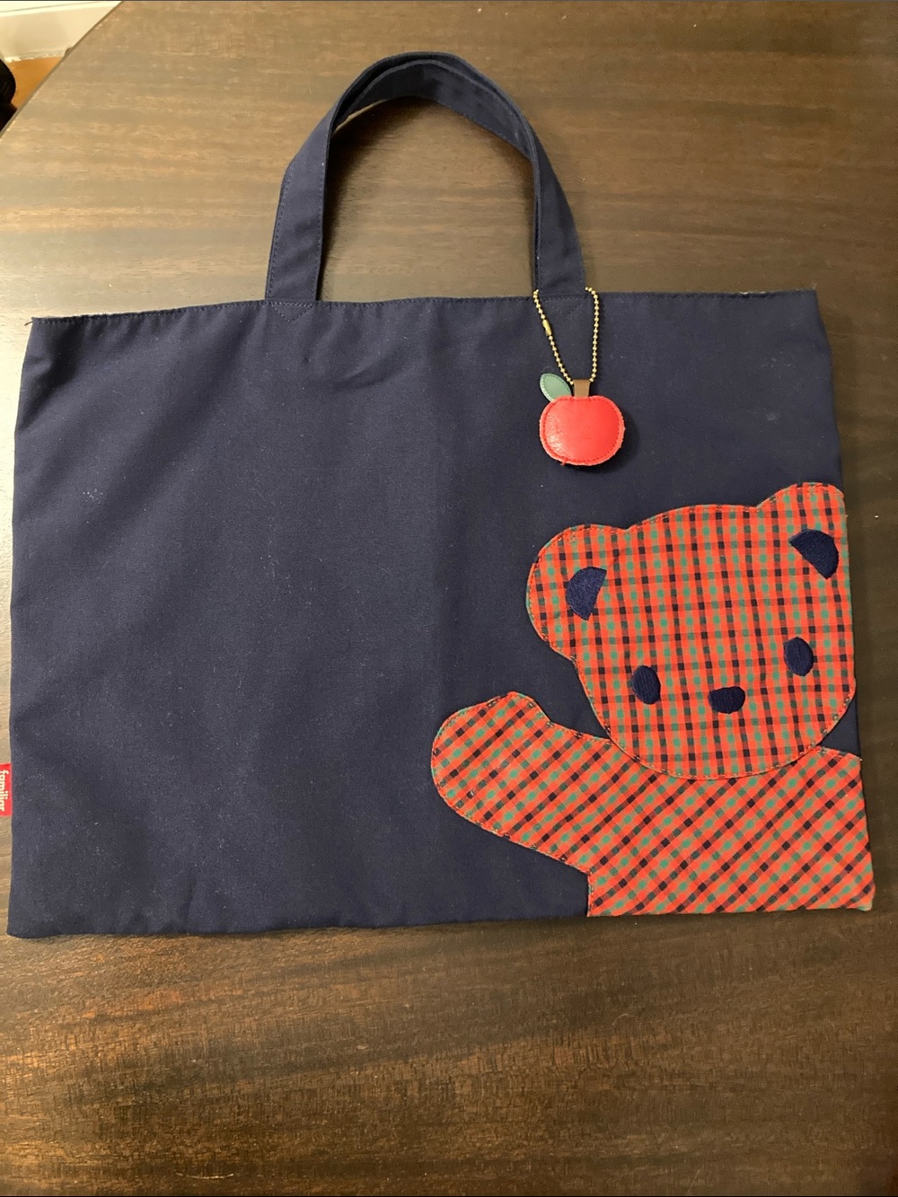 Familiar Navy Tote Bag with Red Plaid Bear Accent
